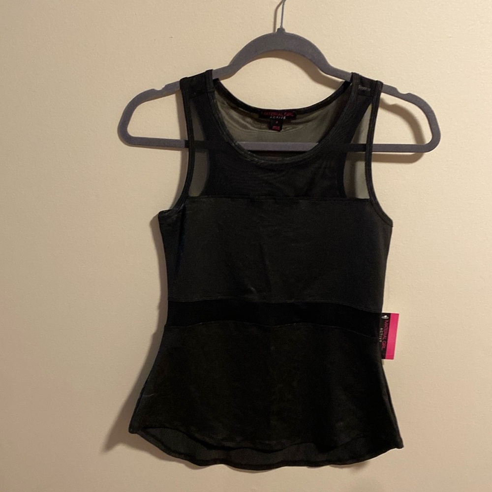 Material Girl Juniors Activewear Illusion Active Tank Top,Black Shiny Foil,Small